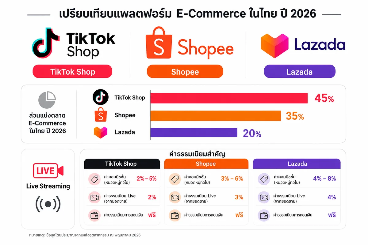 TikTok Shop vs Shopee vs Lazada: แพลตฟอร์มไหนขายดีกว่าในไทยปี 2026?