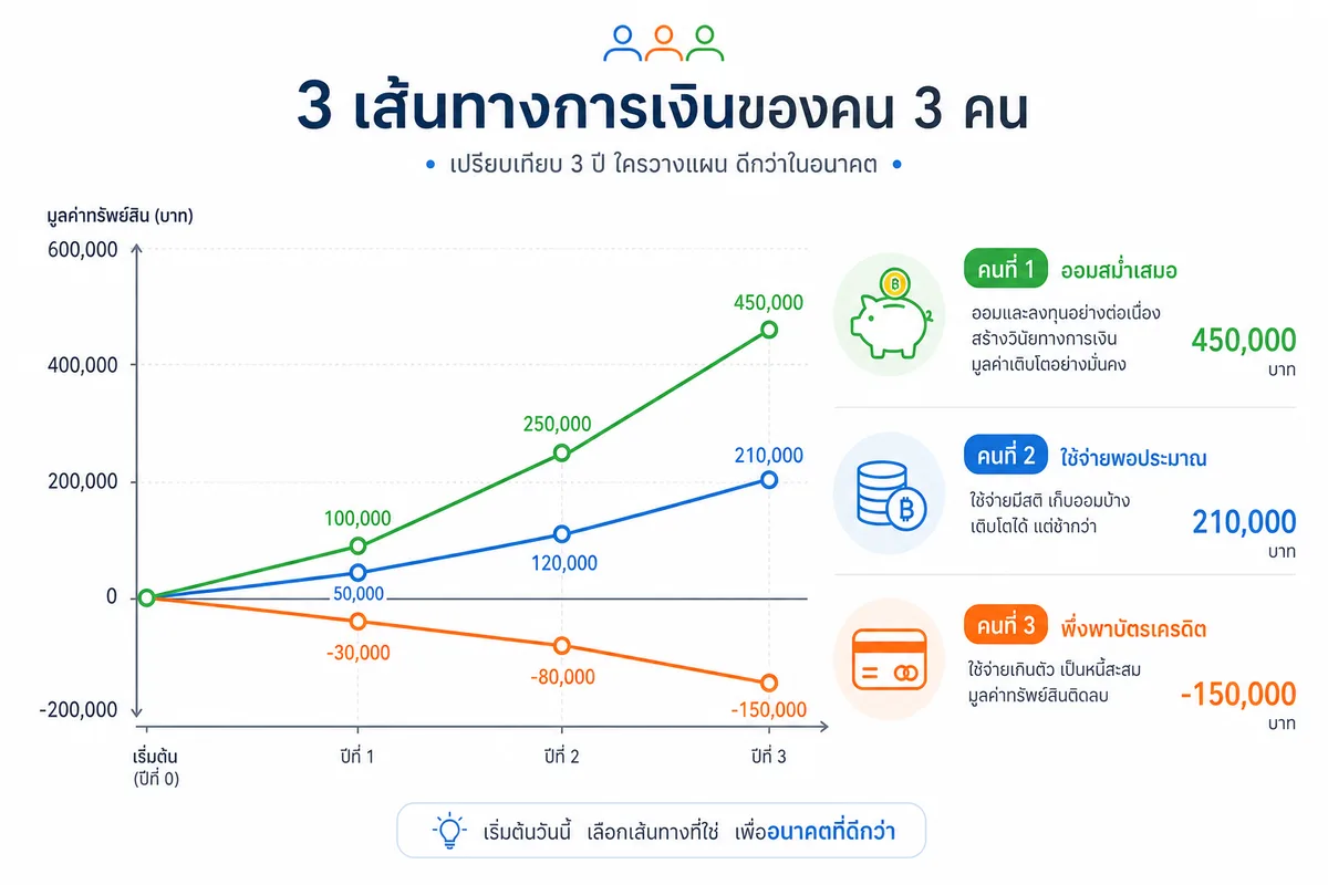 เคลียร์หนี้ก่อนหรือออมก่อน? เปิดผลลัพธ์ 3 ปีของ 3 คนเงินเดือนใกล้กัน เลือกต่างกัน