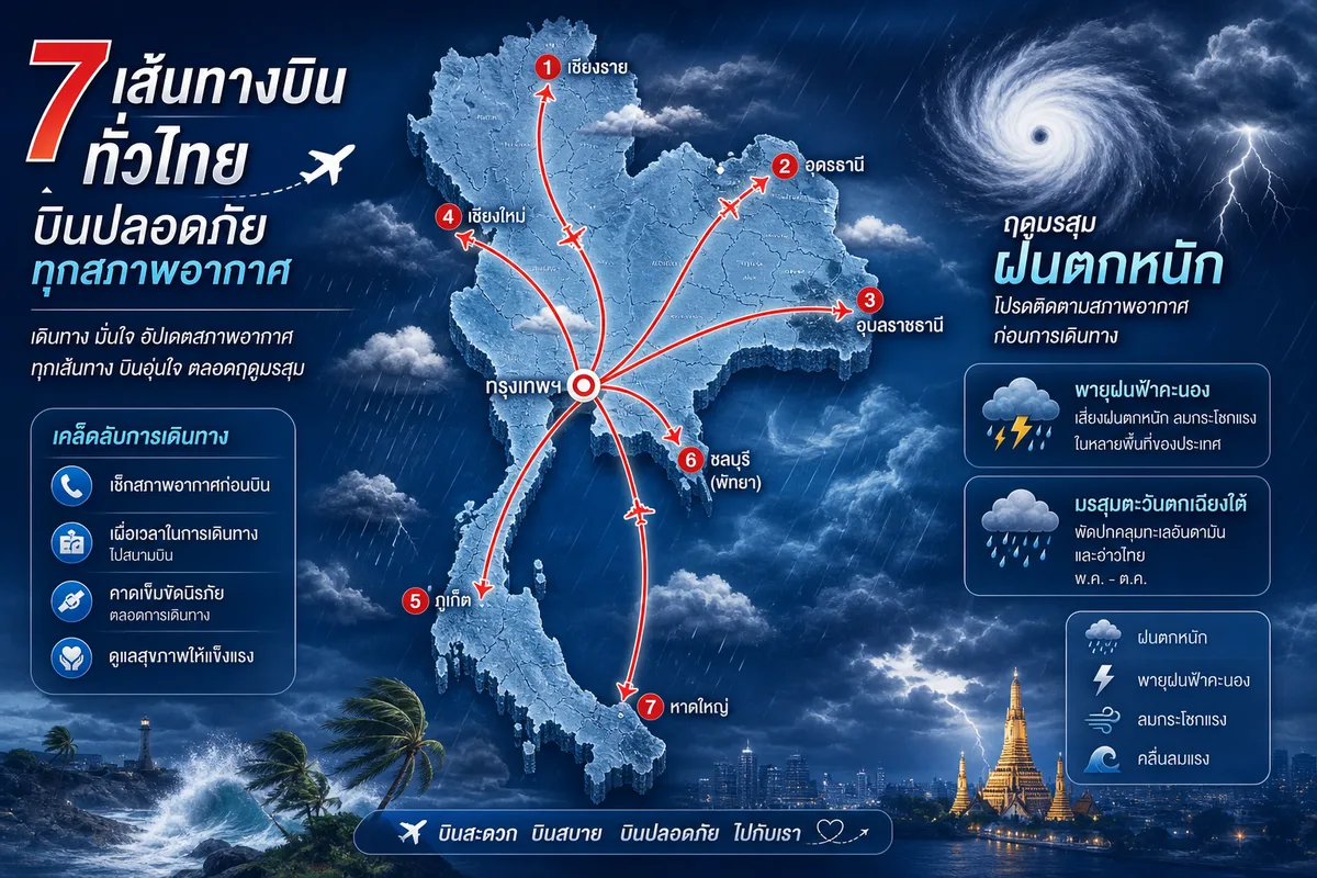 7 เส้นทางบินในไทยเสี่ยงสุดช่วงมรสุม 2569 — กรมอุตุฯ เตือนฝนตกหนักฉับพลัน ตรวจก่อนจองตั๋ว